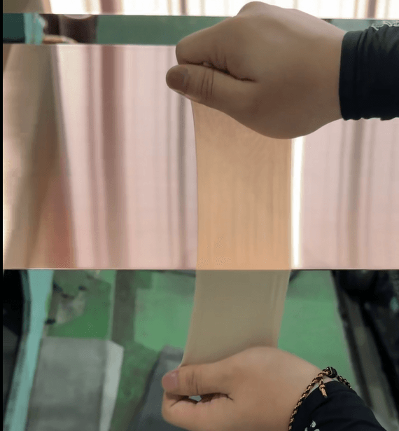 Diagram comparing a deburred edge and a full round edge on copper foil