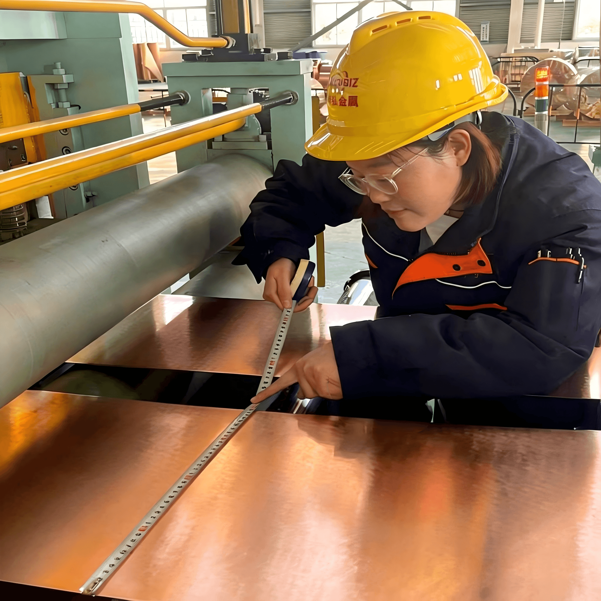 Engineers inspecting copper foil rolls